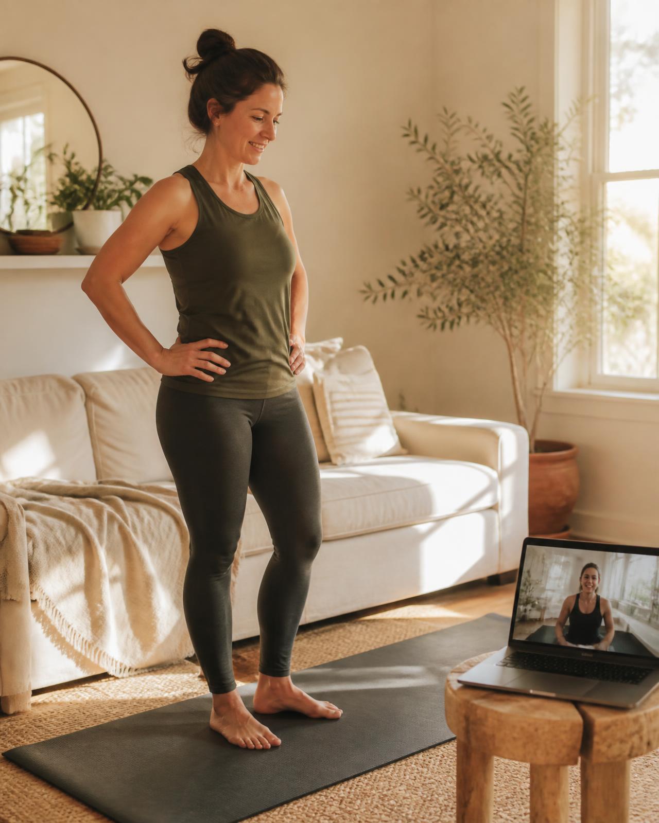 A woman training at home while a personal trainer coaches her live on a laptop video call